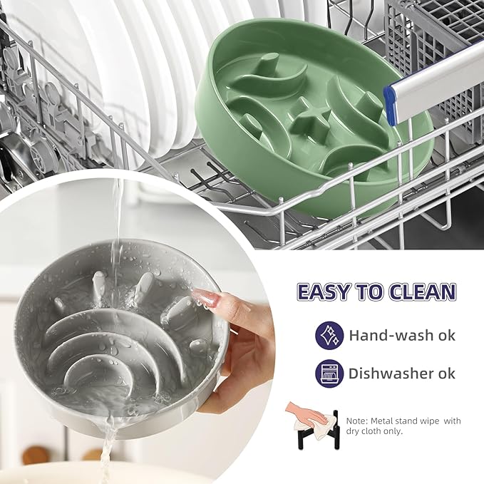 Elevated Slow Feeder Dog Bowl - Ceramic Maze Dog Food Bowl with Stainless Stand - Raised Slow Feeder for Small Breeds to Control Eating Speed - 6.3 Inch - 0.8 Cups (80g) - Grey