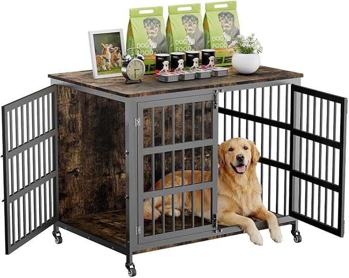 42" Furniture Style Large Dog Crate with Wheels, Metal Chew-Resistant Dog Kennel Indoor for Large & Medium Dogs, 41.9" W x 28.3" D x 31.7" H, Decorate House as TV Stand, End Table — Rustic Brown