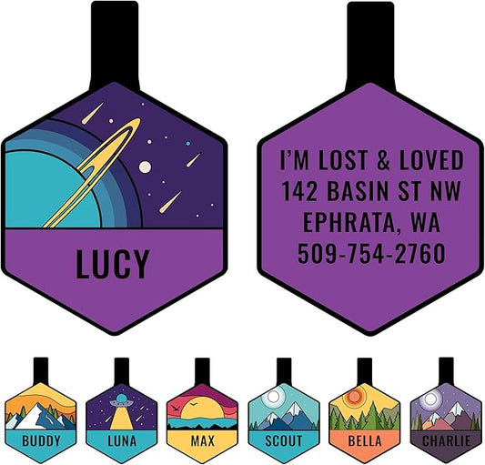 GoTags Silent Dog Tag, Personalized Engraved Hexagon Silicone Dog and Cat Name Pet ID Tags, Soundless No More Jingling Dog Tags (Space Planet)