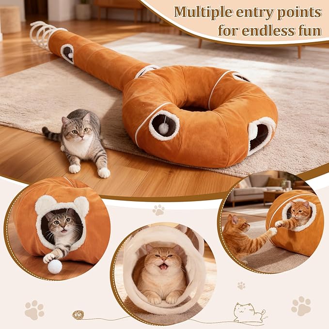 Ownpets 2-in-1 Cat Tunnel, Large Lollipop Shape Cat Tunnel Toy with Fluffy Balls, Spiral Toy, Plush Collapsible Cat Cave Hideout Donut Tunnel for Multi Kitten Puppy Rabbit (Orange)