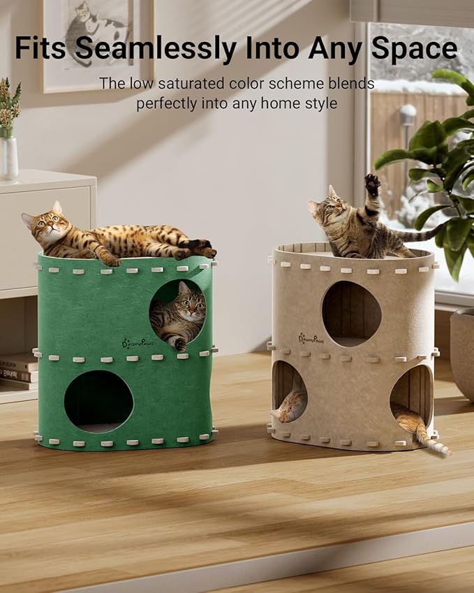 DownyPaws Cat House for Indoor Cats, 2-Storey Foldable Cat Bed Cave, Felt Cats Tunnel Bed Condo, Castle Kitten Cube Hideaway for Multicats, Scratch Resistant, Forest