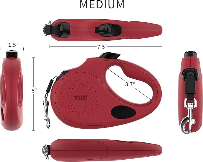 TUG Oval 360° Tangle-Free Retractable Dog Leash with Integrated Waste Bag Dispenser (Medium, Red)