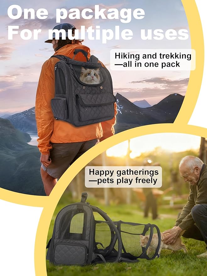 Dog Travel Backpack with Expandable Tunnel for Cats and Dogs up to 17lbs, Secure Carrier with Safety Leash, Soft Cushion, Comfortable Shoulder Straps, Black