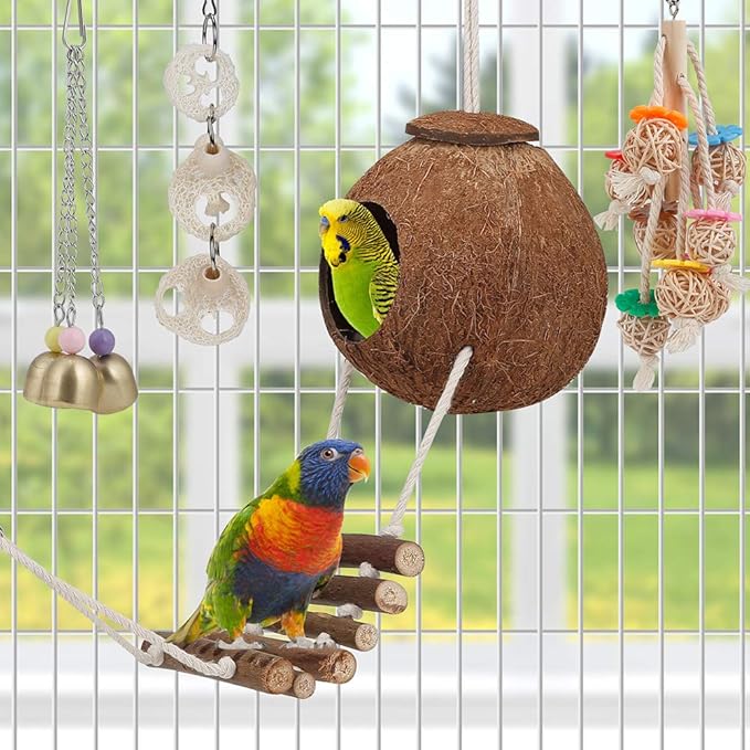 For Parakeet, Conure, Cockatiel, Love Birds, Parrots - Bird Cage Hammock with Ladder, Hanging Bell Swing, Chewing Toy