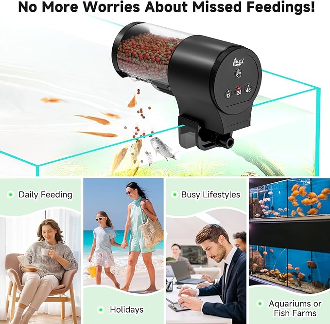 AQQA Automatic Fish Feeder for Aquarium Auto Feeder with 12H/24H/48H Timer 110ml Large Capacity Manual/Auto Feeding Modes Battery Powered Fish Food Dispenser