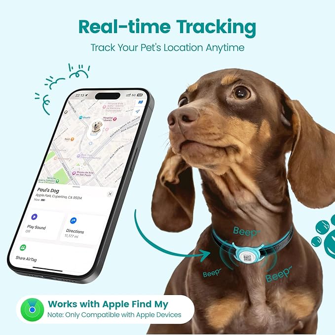Smart Pet Tracker for Collar - Dog Trackers Location for Pet with Holder, No Monthly Fee, Real-Time Tracking, iOS Only, Emergency Contact, Long-Lasting, Anti-Lost Tracker for Cats, Bag Straps