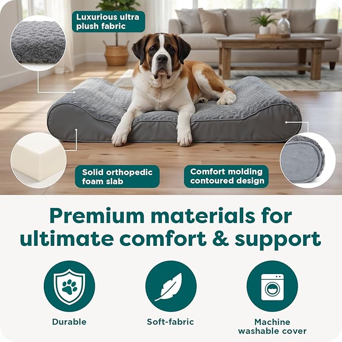 Furhaven Orthopedic Dog Bed for Extra Large Dogs w/ Removable Washable Cover, For Dogs Up to 180 lbs - Ultra Plush Faux Fur & Suede Luxe Lounger Contour Mattress - Cream, Giant/XXXL