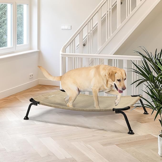 Veehoo Outdoor Elevated Dog Bed, Cooling Raised Dog Cots Beds for Large Dogs, Portable Waterproof Curved Dogs Hammock Bed for Outside, up to 120lbs, Black Legs, Beige 42"