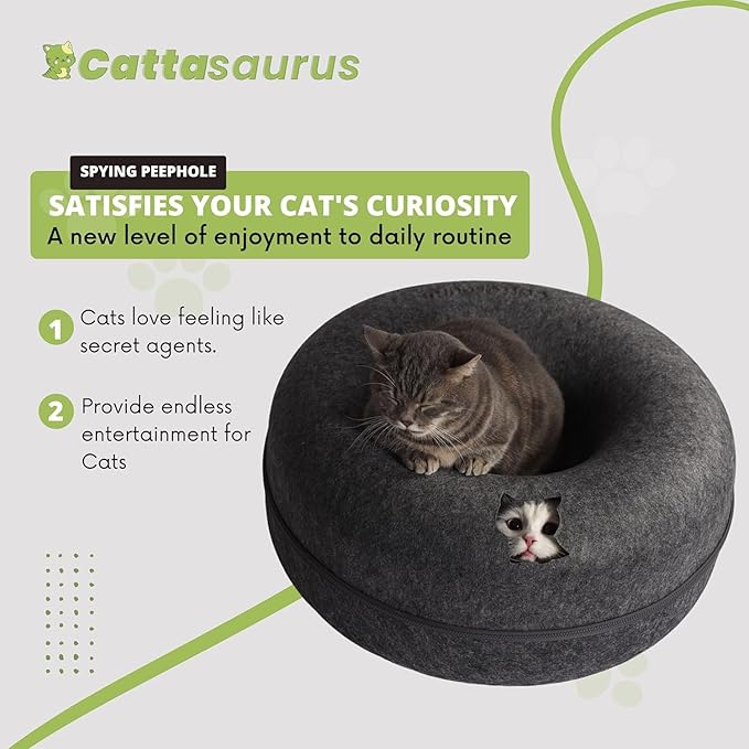 Cattasaurus Peekaboo Cat Cave Donut for Multiple & Large Cats up to 30-45 lbs, 3-in-1 Self Warming Cat Bed, Tunnel & Scratcher for Indoor Cats, Washable & Detachable (Dark Gray + Dark Gray, Large)
