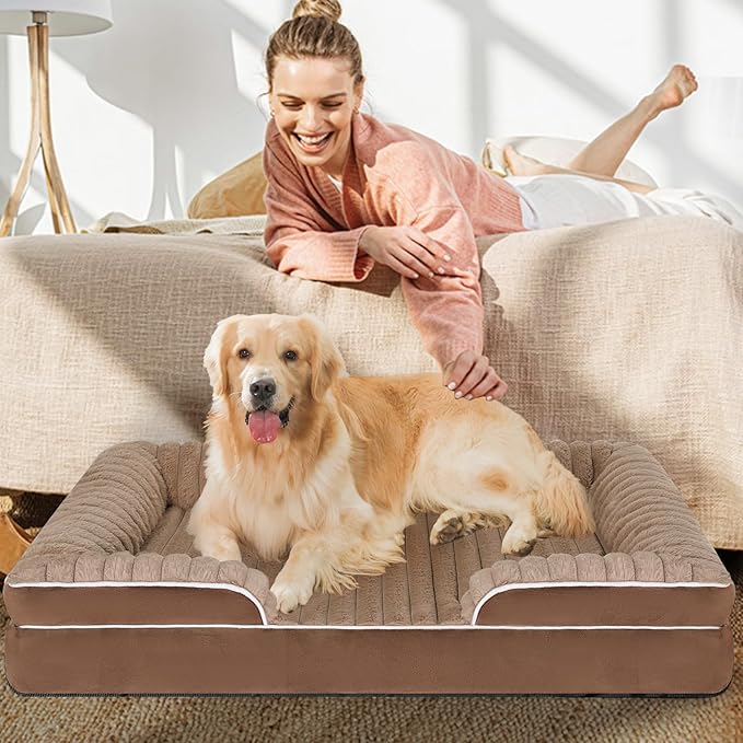 Orthopedic Dog Bed for Large Medium Sized, Washable Memory Foam Large Dog Bed Premium Soft Corduroy Fleece, Durable Medium Pet Sofa with Removable Cover, Washable Waterproof Pet Couch Beds(Brown,XXL)