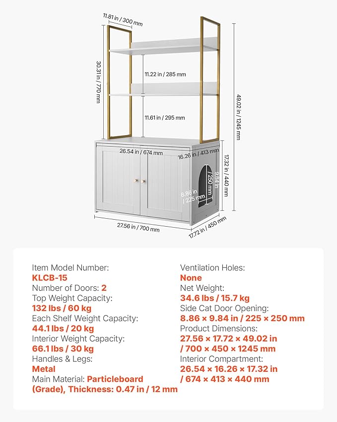 VEVOR Cat Litter Box Enclosure Furniture, 27.6 in Hidden Litter Box Cabinet with Metal Legs & 2-Tier Storage Shelves, Waterproof Washroom Cat House, Fit Most of Litterbox, for Living Room