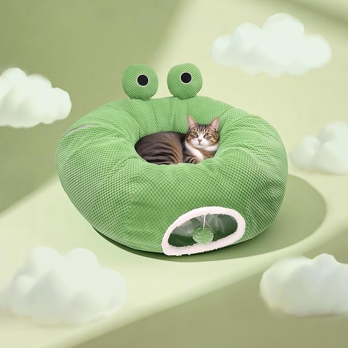 Cat Tunnel Bed for Indoor Cats, Peekaboo Cat Cave Bed,Soft Cat Donut Tunnel for Kitten Large Cats, Cute Frog Shaped