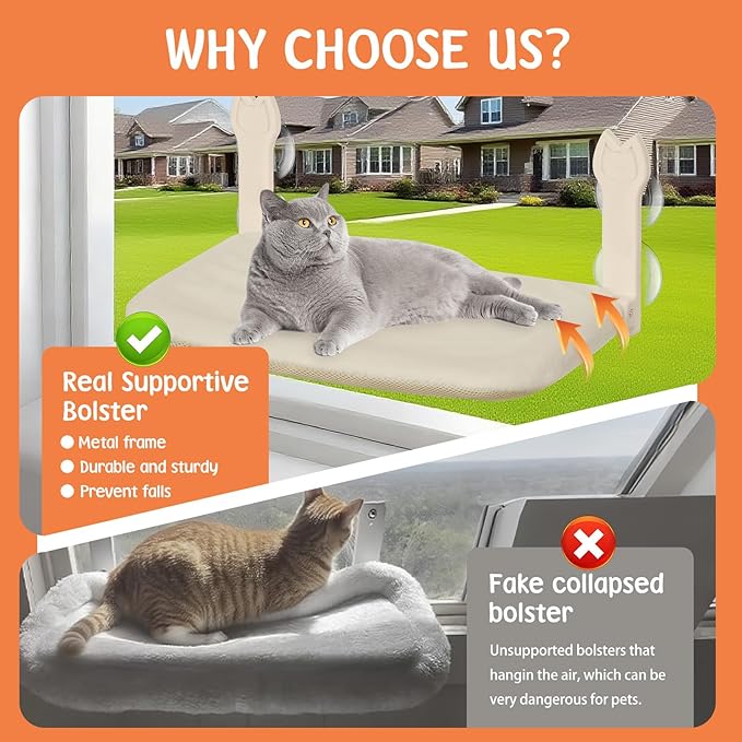 2 Pack Cat Window Perch,Cat Window Hammock Cordless Foldable Window Bed with 4 Large Strong Suction Cup,Reversible Cushion Cover,Metal Frame Easy to Adjust Window Seat Holds up to 40lbs(Beige，M)