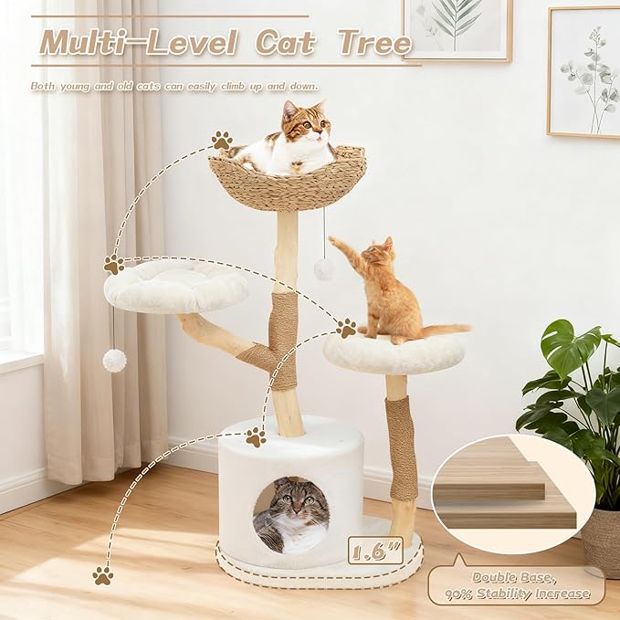 MOLACHI Modern Cat Tree Tower, 41in Tall Real Solid Wood Cat Tree for Indoor Big Cats, Plush Multi-Level Cat Condo with Sisal-Covered Scratching Posts, Dangling Ballor Fun Play, Ideal Pet Gift