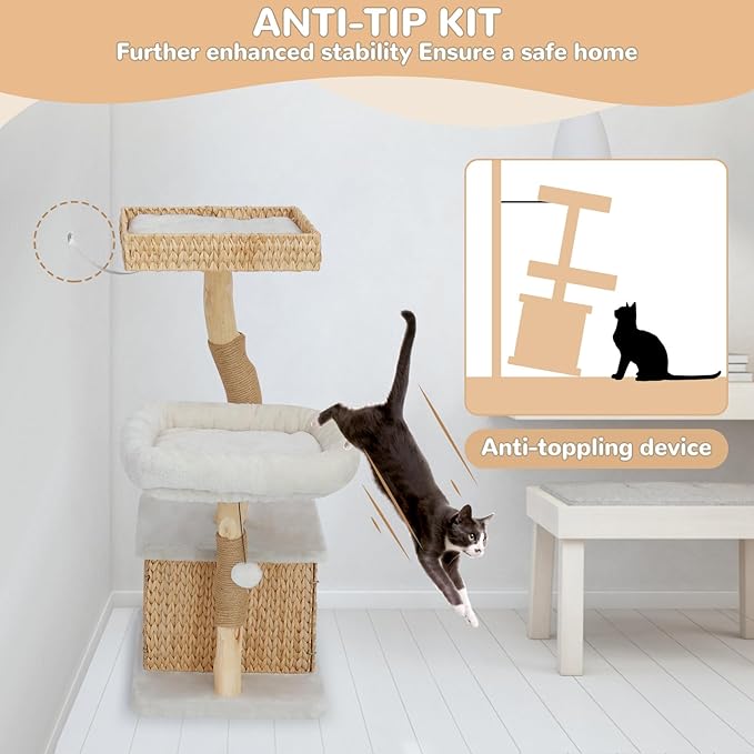 Modern Cat Tree Tower for Indoor Cats - Multi-Level Solid Wood Cat Condo w/Caves, 2 Large Perches, Scratching Posts, Hanging Toy for Large Cats Adult - Luxury Boho Pet Furniture