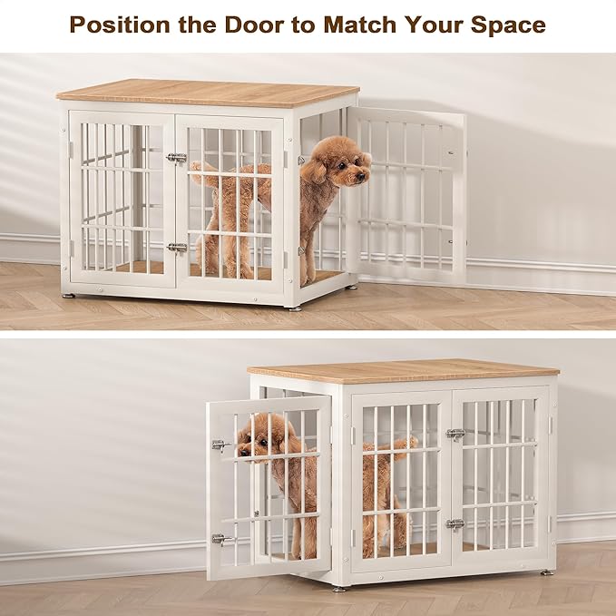 32 Inch Heavy Duty Dog Crate Furniture for Medium and Small Dogs, Decorative Pet House End Table, Wooden Cage Kennel Furniture Indoor, Natural and White