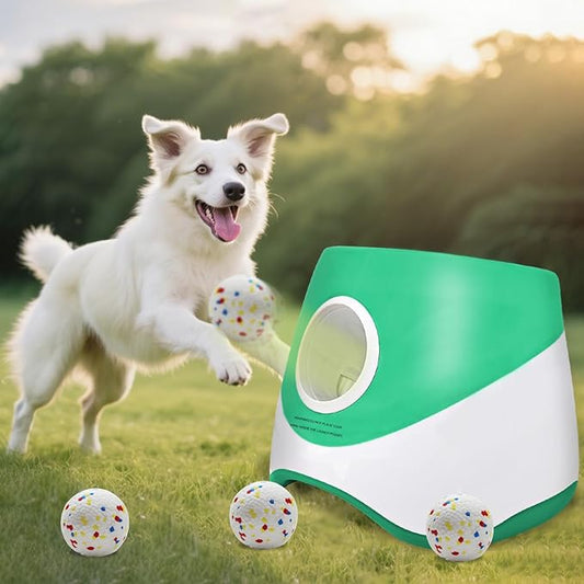 Automatic Dog Ball Launcher for Samll to Medium Dogs, Upgraded Interactive Toy Balls Thrower, Distance Adjustable Mental Stimulating Dog Toys with 4 Etpu Balls 2.2 Inch (Green)