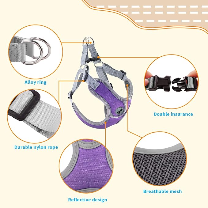 Dog Harness with Leash Set, No Pull Adjustable Step in Collars Harness with Breathable Padded Vest for Small Dogs Training and Running (S, Purple)