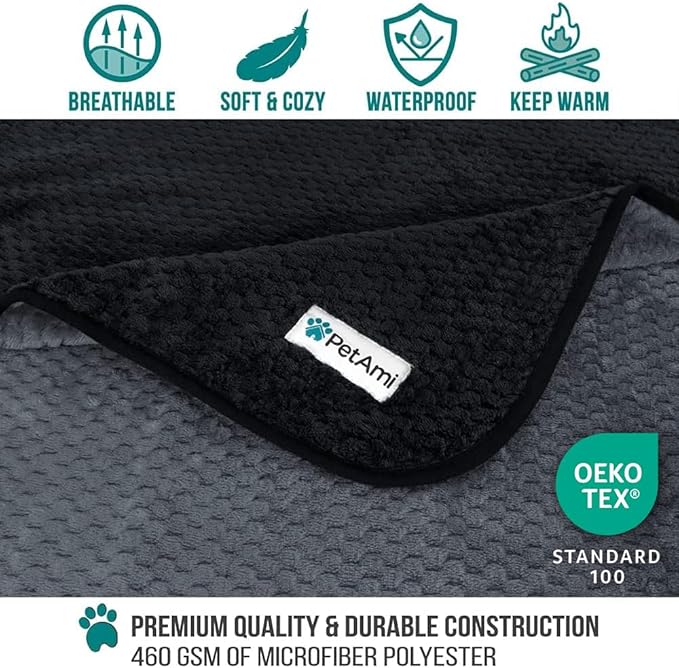 PetAmi Waterproof Dog Blanket, Leakproof Puppy Blanket for Medium Large Dogs, Furniture Sofa Couch Cover Protector, Fleece Pet Throw Indoor Cat Kitten, Reversible Washable Soft Plush, 40x60 Black Gray