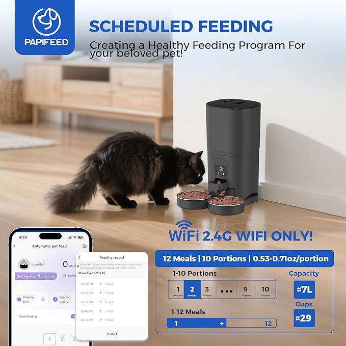 PAPIFEED Automatic Cat Feeder for 2 Cats, 2.4G WiFi Cat Food Dispenser with App Control, 7L Slow Feed Pet Feeder with 2 Stainless Bowls for Cats & Dogs, 12 Portions 10 Meals Daily - Black