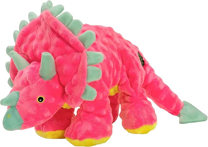 goDog Dinos Frills Squeaky Plush Dog Toy, Chew Guard Technology - Pink, Large