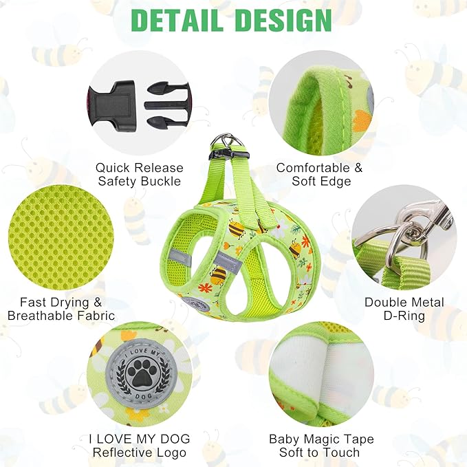 BEAUTYZOO Step in Dog Harness and Leash Set,Reflective Dog Harness No Pull No Choke Puppy Harness for Small Medium Large Dogs Cats,Soft Padded Mesh Vest Harnesses for Girl and Boy Pets, Bee XS