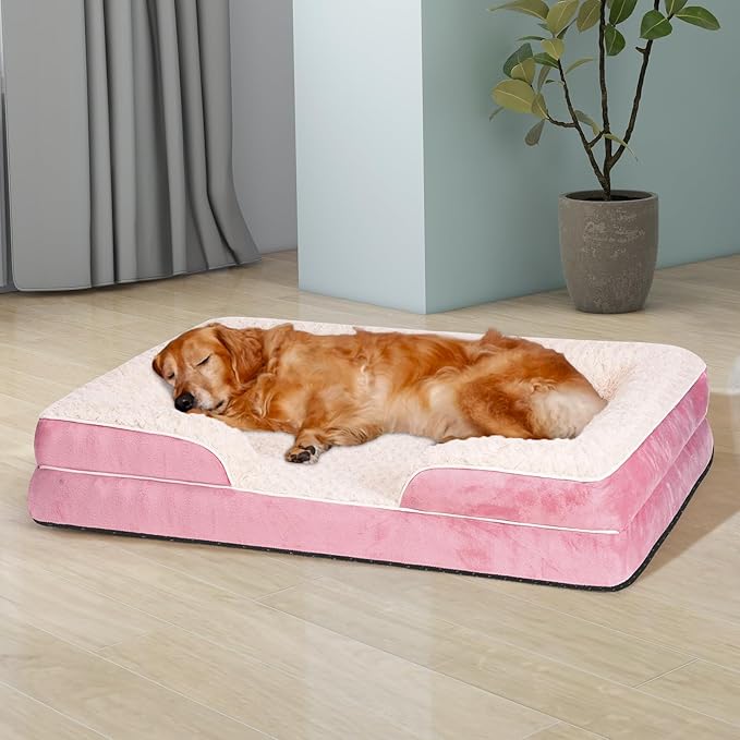 Orthopedic Dog Bed for Large Medium Sized, Washable Memory Foam Large Dog Bed, Durable Medium Pet Sofa with Removable Cover, Washable Waterproof Pet Couch Beds(Pink, XXL)