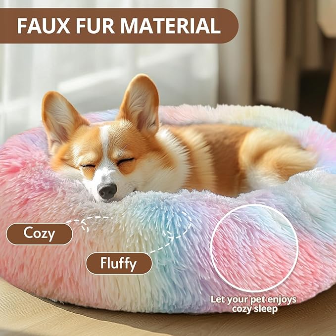 JOLLYVOGUE Calming Small Dog & Cat Bed for Indoor Cats - 20 inches Washable Donut Bed for Kittens & Puppies, Anti-Anxiety Round Fluffy Plush Pet Beds (Fits up to 15 lbs, Rainbow)