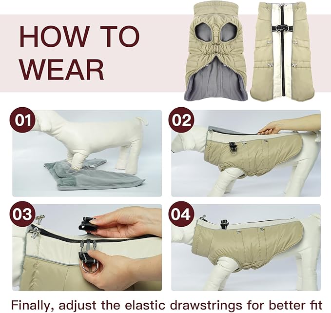 Dog Winter Jacket - Large, Warm Zip Up Snowsuit Dog Harness Vest, Reflective, Water-Resistant, Apricot