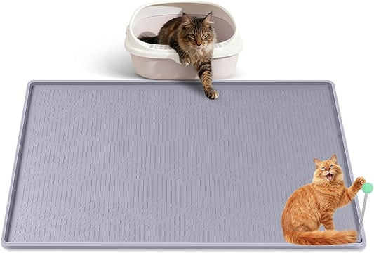 Large Cat Litter Mat with Toy Ball, 34'' x 22'' Silicone Cat Litter Trapping Mat for Scatter Control, Soft on Kitty Paws, Easy to Clean (Light Grey)