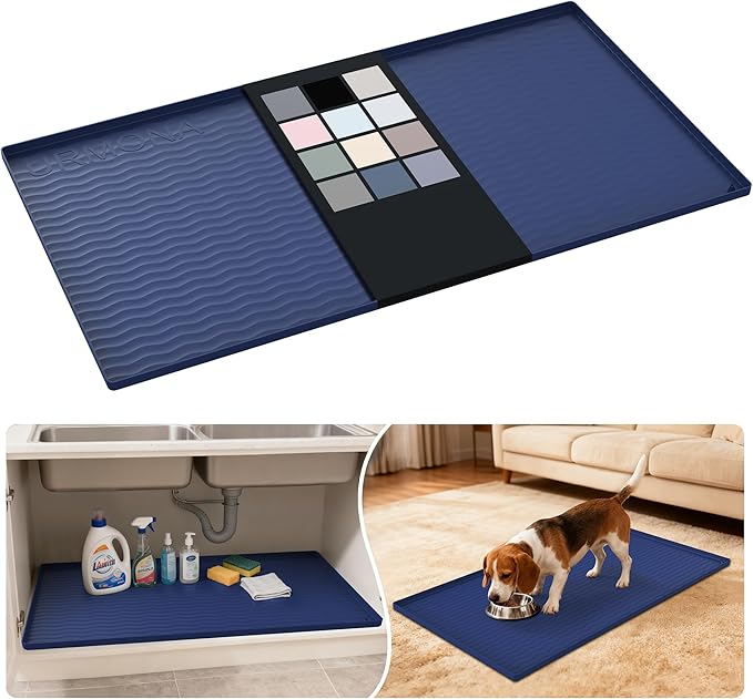 URMONA Waterproof Silicone Under Sink Mat 40'' x 22'' Shelf Liner for Kitchen and Bathroom, Cabinet and Counter Protector, Storage and Organizers, Litter Mat, Pet Cat Puppy Essentials(Navy)