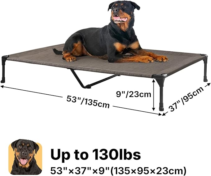Veehoo Outdoor Elevated Dog Bed Large Sized Dogs, Extra Large Cooling Raised Dog Cots Beds Training Platform Off Ground Hammock with Breathable Mesh, No-Slip Feet, 53"x37", Brown