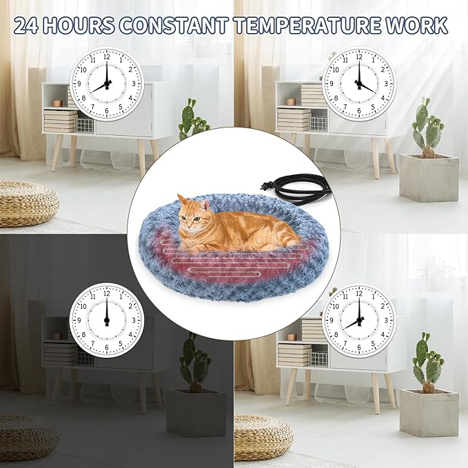Heated Cat Beds for Indoor Cats Warming Cat Beds Super Soft Machine Washable Thermo Kitty Electric Heating Bed 19 Inches Round