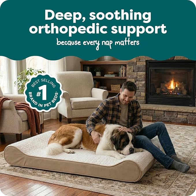Furhaven Orthopedic Dog Bed for Extra Large Dogs w/ Removable Washable Cover, For Dogs Up to 180 lbs - Ultra Plush Faux Fur & Suede Luxe Lounger Contour Mattress - Cream, Giant/XXXL