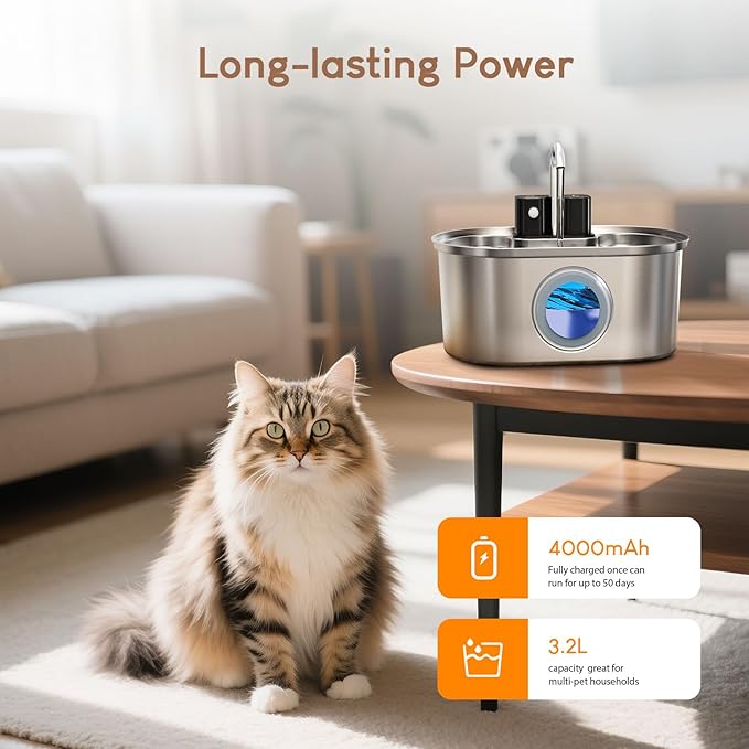 Wireless Cat Water Fountain Stainless Steel:108oz/3.2L Battery Operated Cat Fountains for Drinking Indoor, Automatic Pet Water Dispenser with Motion Sensor,Ultra Quiet Pump,Multi-Filtration(2 Filters)