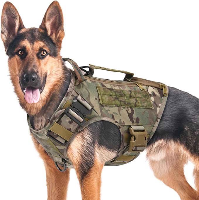 Tactical Dog Backpack Harness for Large Breed Original Design Metal Buckle Vest with Side Bags Pouches for Service Working Training (Camouflage (Vest only), L)