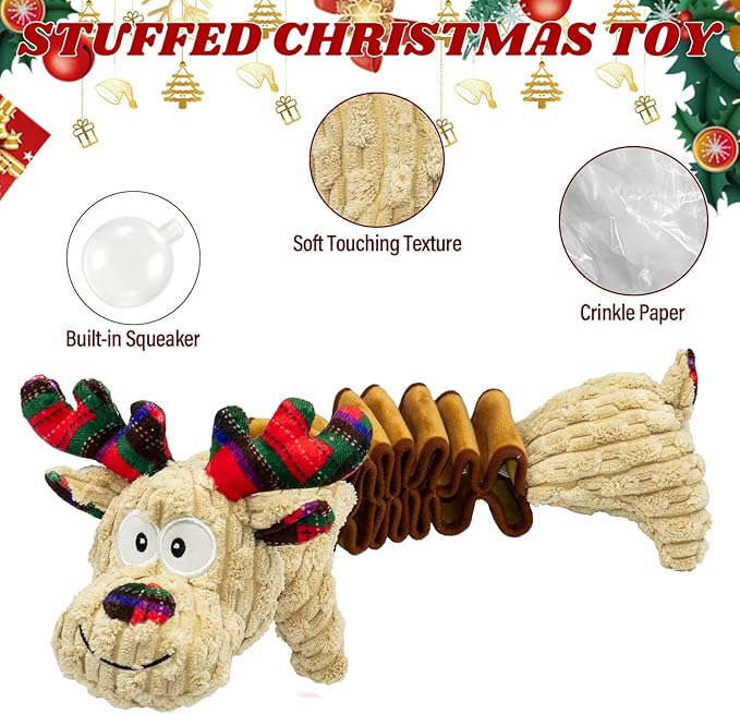 Dog Toys Deer Squeaky Interactive Puppy Teething Chew Toy with Crinkle Sound Paper Tail Stuffed PP Cotton,Keep Them Busy, Christmas Pet Gift Large Medium Small Breeds Indoor Play