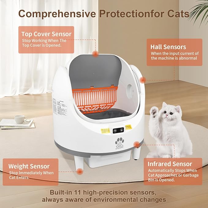 Self Cleaning Cat Litter Box, Automatic Cat Litter Box for Multiple Cats, Open-Top Design with Safety Protection, Smart Health Monitor, Smart App Control, Odor-Free