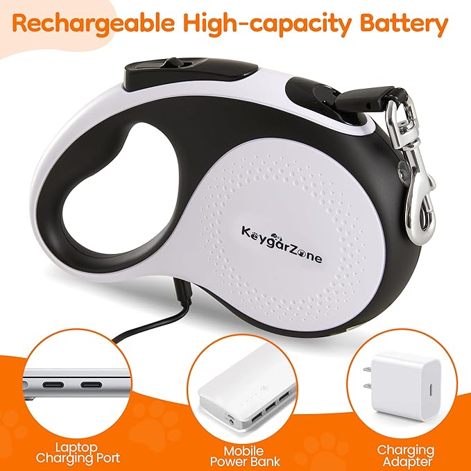 Retractable Dog Leash for Large Dogs with LED Light, 16.4ft Long Pet Leash up to 110lb Pull, 360° Tangle-Free One-Button Control for Small & Large Dogs & Cats, with Charging Cable, White