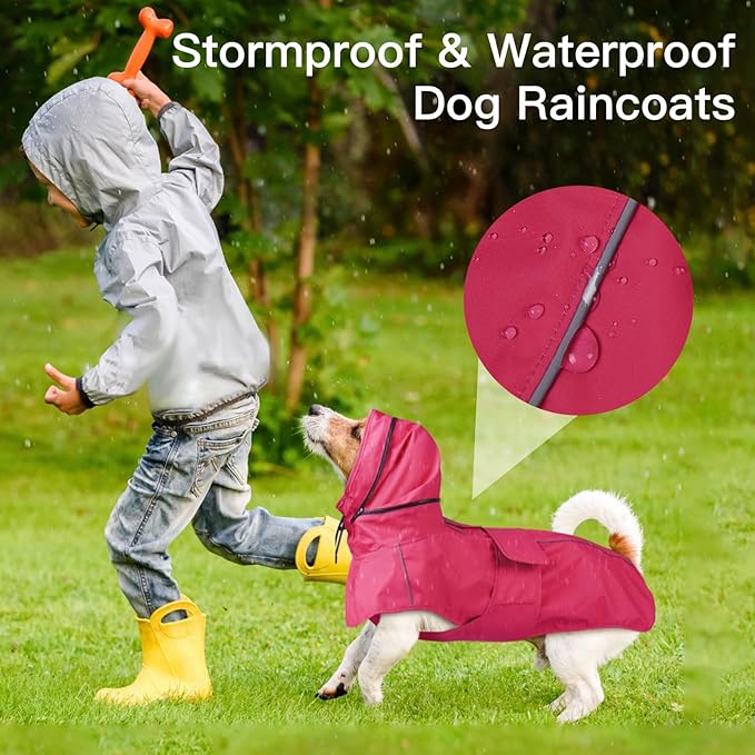 Large Dog Raincoat, Reflective Waterproof Rain Jacket with Convertible Hood/Collar, Lightweight Adjustable Dog Poncho with Leash Hole Full Coverage (Neon Pink, L)