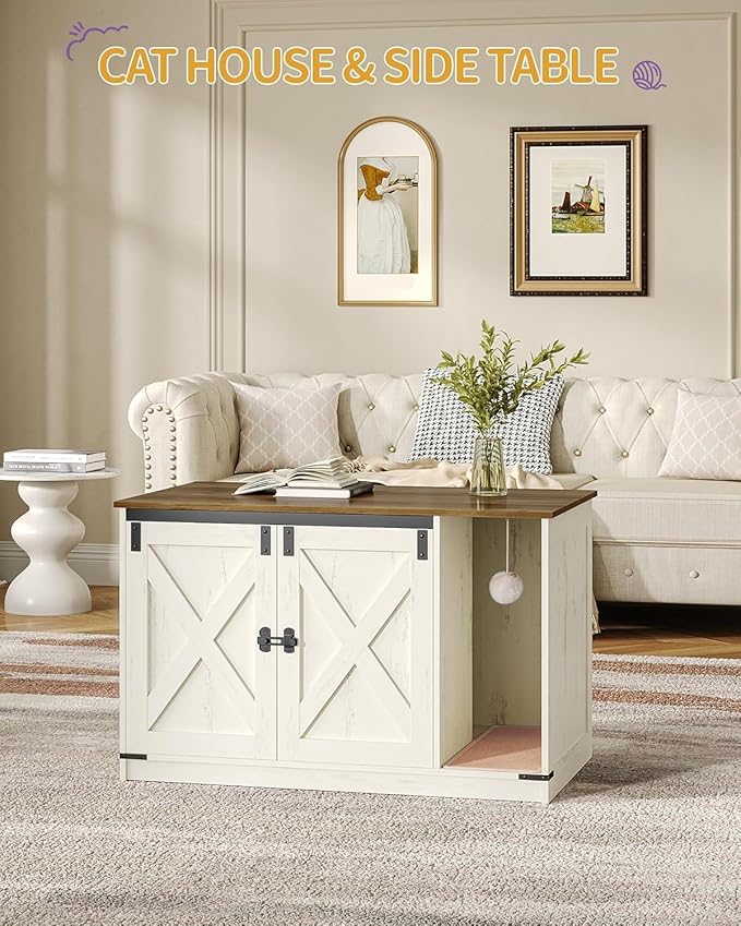 Cat Litter Box Enclosure, Hidden Litter Box Cabinet Furniture with Bell, Indoor Cats House, Farmhouse Style, 39.4 x 21.7X 24.8 Inches for Hallway, Bedroom, Rustic Brown and White CB85214X