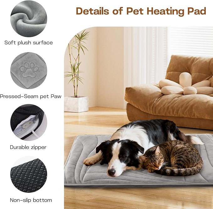 Dog Heating Pad with Washable Cover, Soft Plush Pet Heating Pad with 9 Adjustable Temperature, Timer, Chew-Resistant Cord, Waterproof Electric Heated Pet Bed Mat for Dogs and Cats Indoor