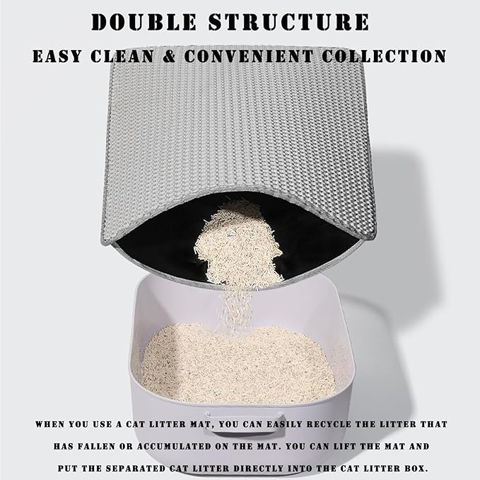 HCY&WLD Cat Litter Mat, 45x26/35x24/30x22/24x18 Inch Double Layer Cat Litter Box Mat, EVA Non-Slip, Waterproof Urine Proof Cat Litter Catcher Mat, Easy Clean Scatter Control (30x22 Inch, Gray)