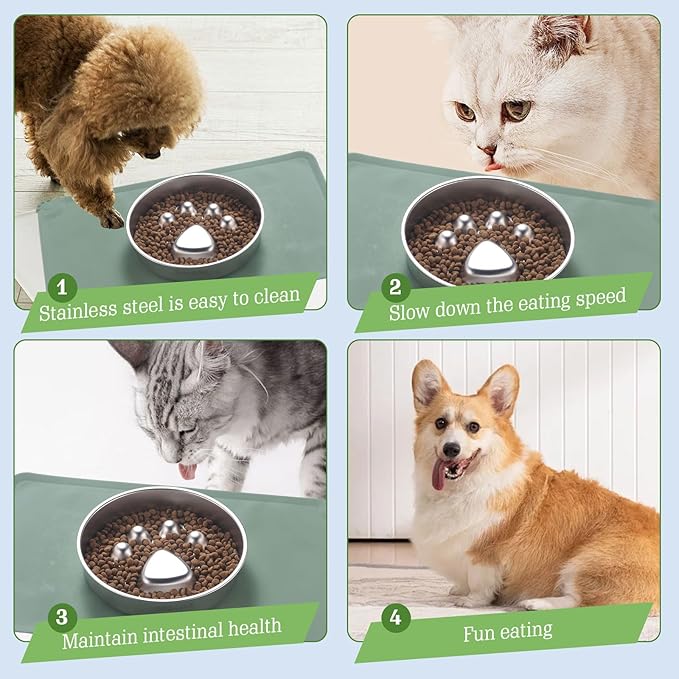 Stainless Steel Slow Feeder Dog Bowls – Non-Slip Metal Dog Bowl for Large & Medium Breeds, Puppy Puzzle Feeder – 2 Cup Capacity for Small to Big Pets – Durable Slow Feed Dog & Cat Food Dish with Mat