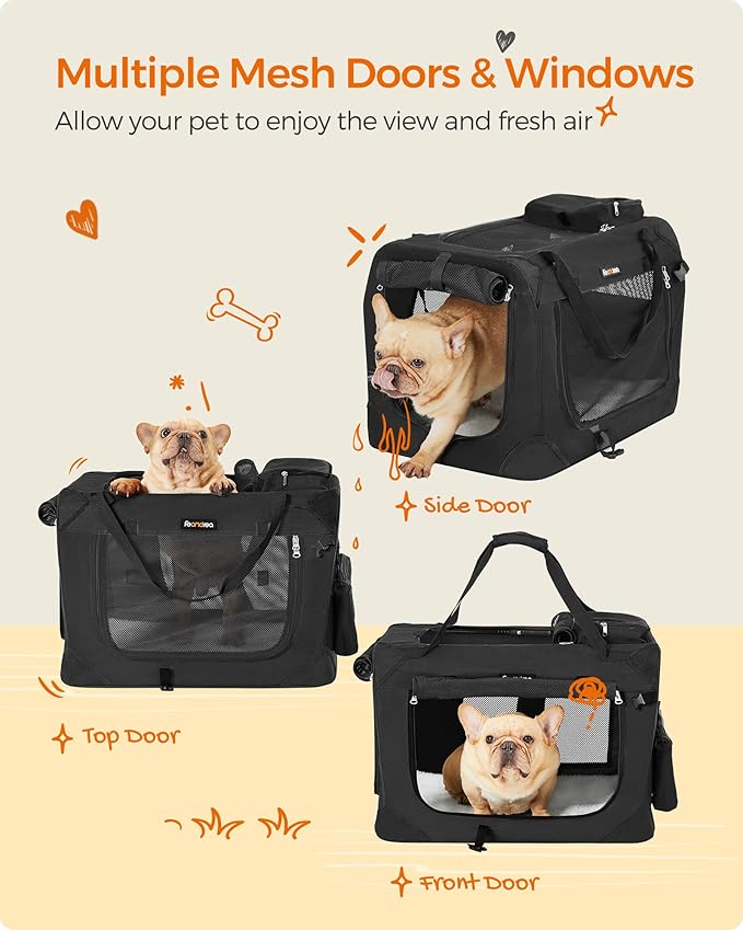 Feandrea 24 Inches Collapsible Soft Dog Crate, Portable Travel Dog Crate for Indoor and Outdoor Use, Dog Carrier Kennel with Safety Zippers, for Living Room, Car, Travelling, Camping, Black UPDC60H