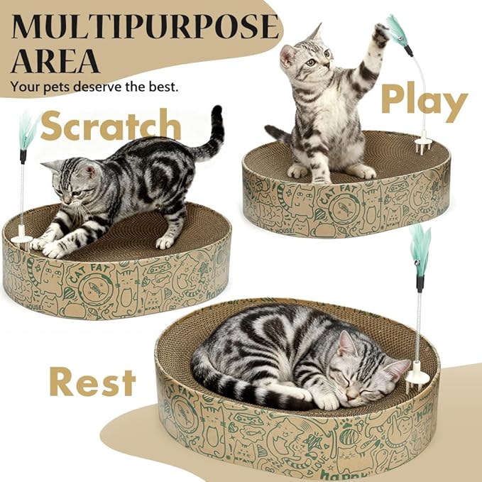 Cat Scratcher Cardboard 2in1 Oval Cat Scratcher Bed for Indoor Cats Cat Scratch Pad Bowl with Scratching Toy Corrugated Lounge Bed&Furniture Protector &Training Toy XL（Green）