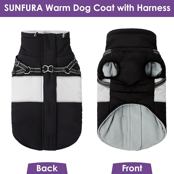 SUNFURA Dog Jacket, Large Dog Coat with Harness Built in, Warm Pet Winter Jacket Zippered Snow Coat with Furry Collar, Waterproof Fleece Snowsuit for French Bulldog, Black L