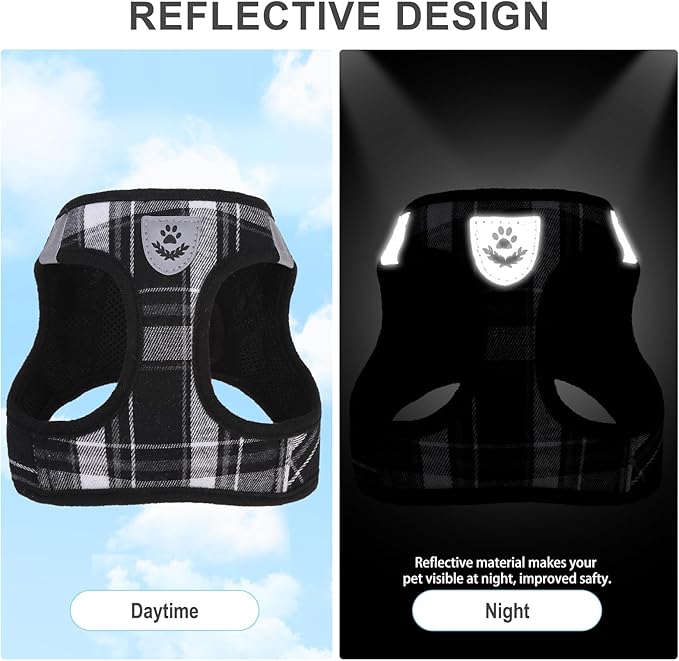 EXPAWLORER Classic Plaid Puppy Harness - Dog Collar and Leash - Soft Mesh Padded Adjustable Step in Small Dog Vest Harness No Pull, Reflective Escape Proof for Outdoor Walking, Black M