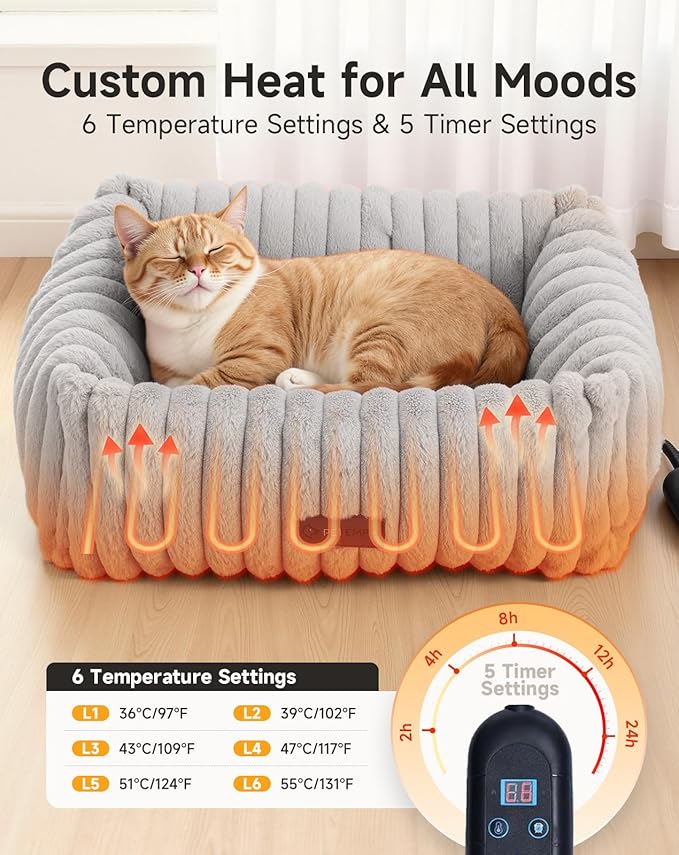 Heated Cat Bed Indoor, Pet Bed with 6 Temperature & 5 Timer Settings, Fluffy Cat Couch with Removable Machine-Washable Cover for Dogs Kitten Puppy in Winter, UL & FCC Certified, Small, Grey