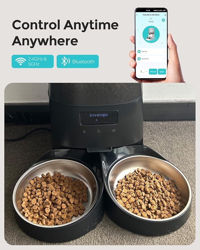 Automatic Cat Feeder - Cat Food Dispenser for 2 Cats MeowServe S20D, Auto Dog Feeder with Stainless Steel Bowls, 5L Pet Feeder with Patented Anti-Jam Port, App, Dual Lock Lid & 2.4G/5G WiFi